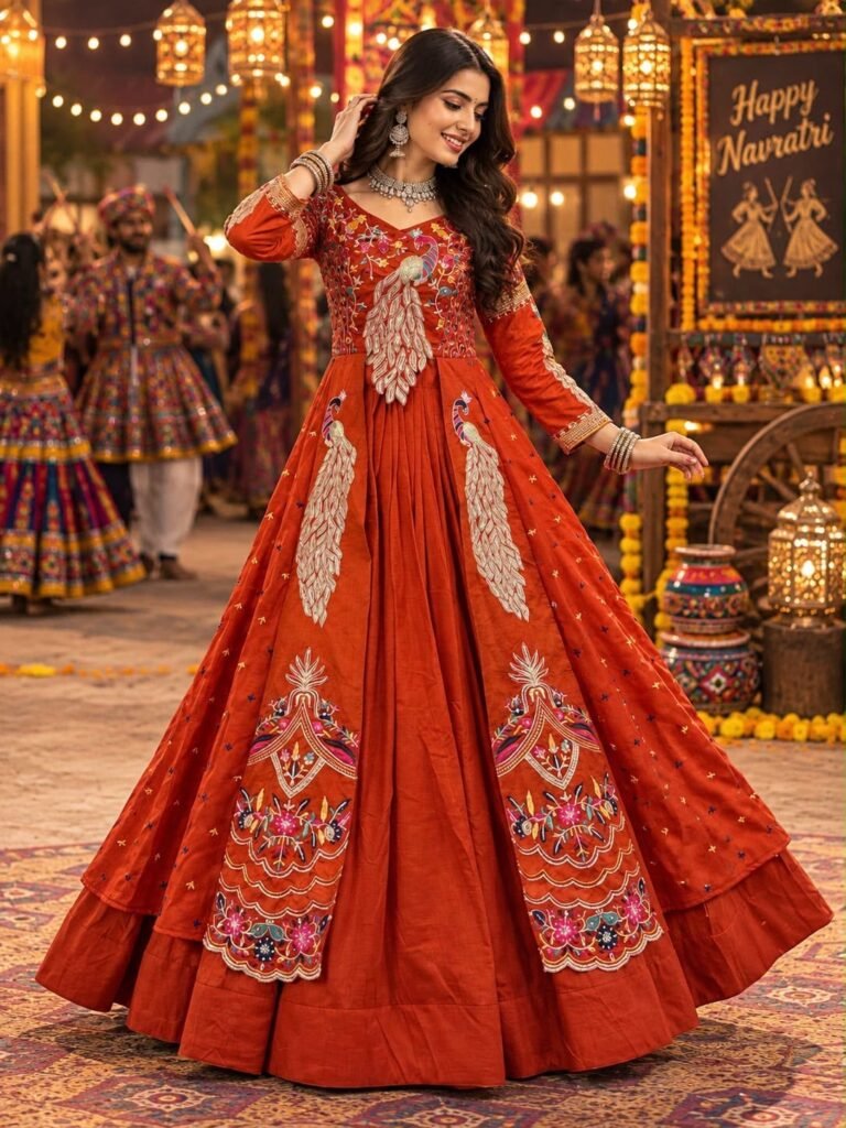 Model in a rust flared gown with peacock embroidery