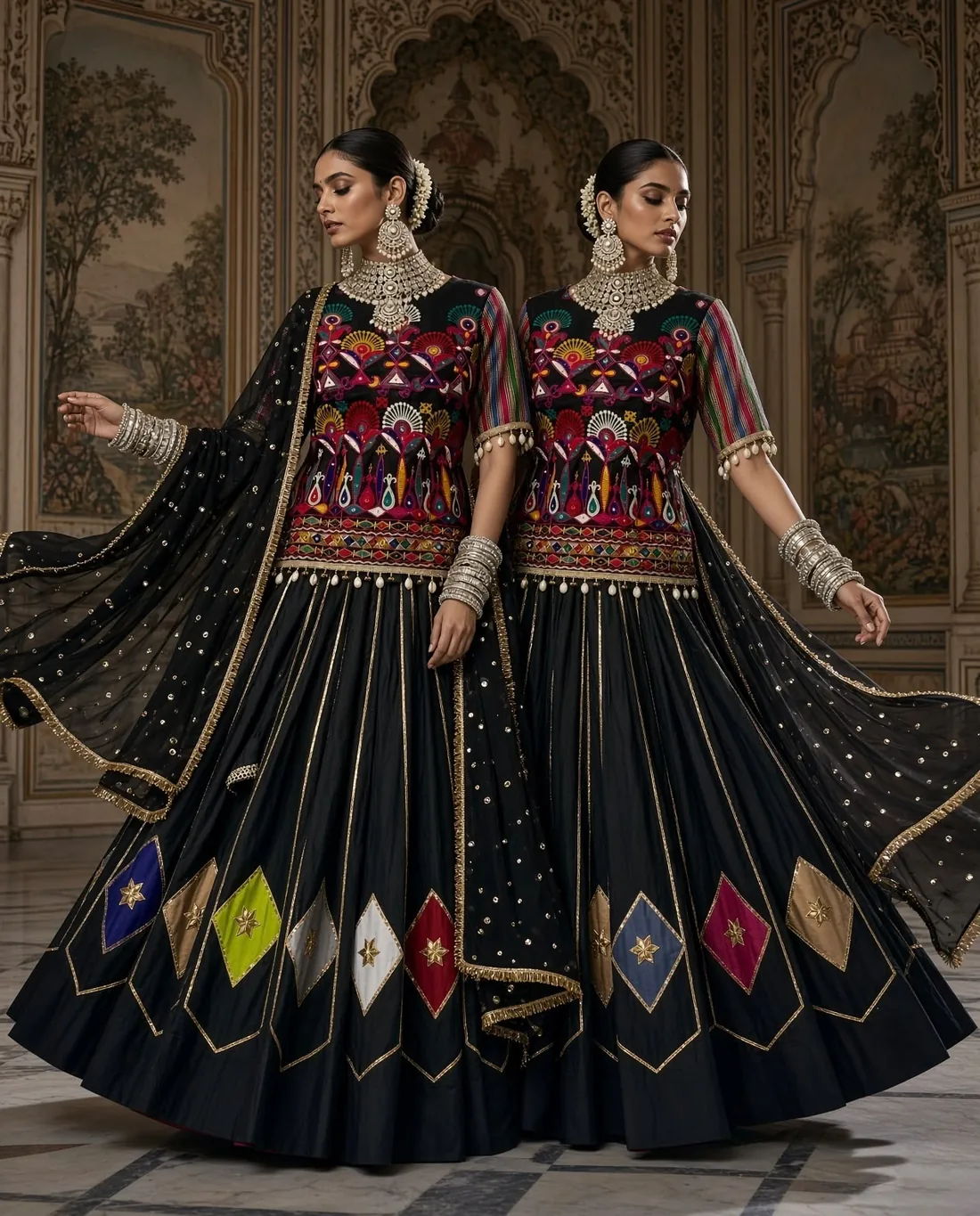 Two models in a black chaniya choli with a colourful embroidered bodice, diamond appliqué skirt and sequinned dupatta