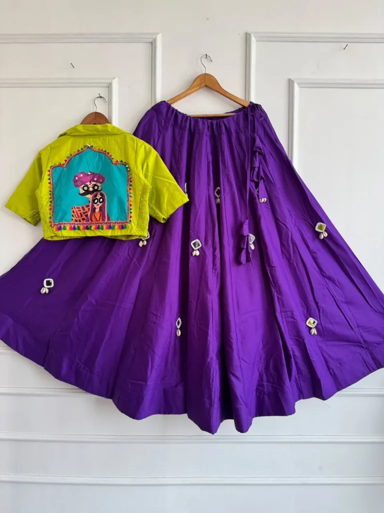 Lime jacket-style choli with an illustrated back panel and a purple lehenga on hangers